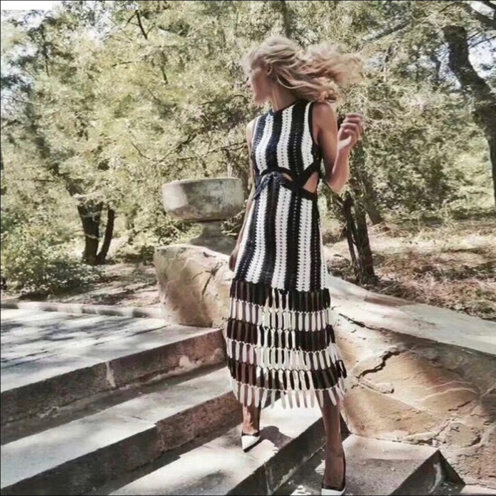 Runway Designer Portrait Striped Crochet Midi